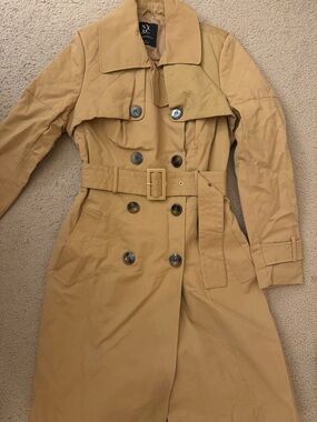 New York & Company Camel Tan Double-Breasted Trench Coat with Belt